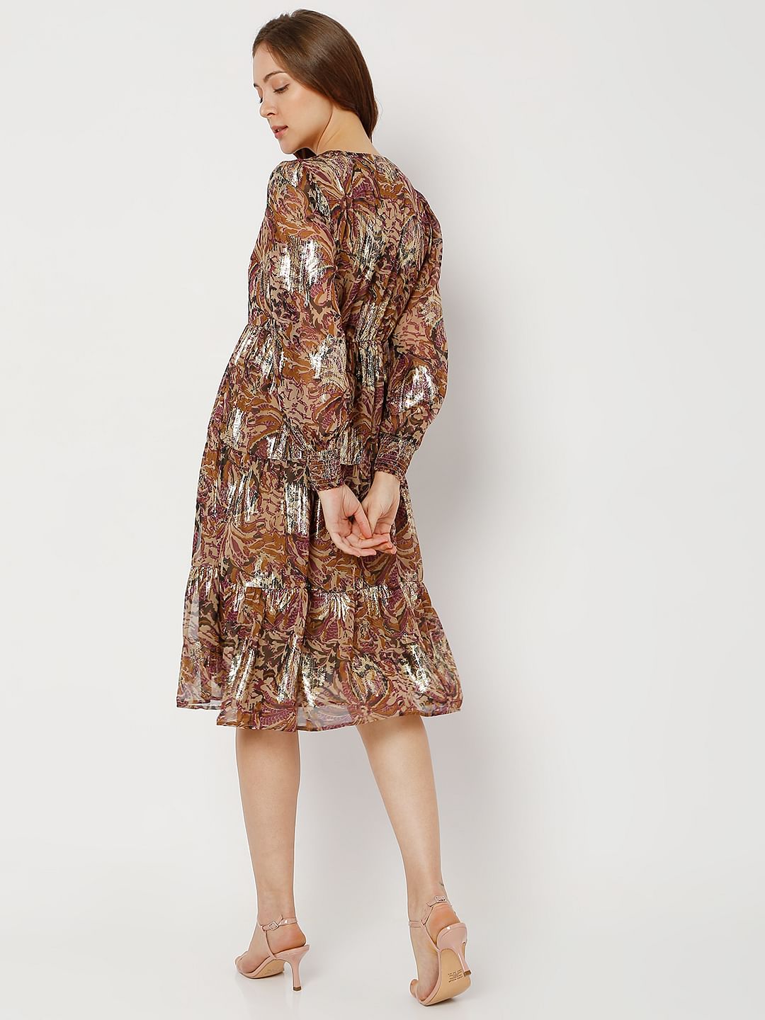 Brown Printed Tiered Shift Dress