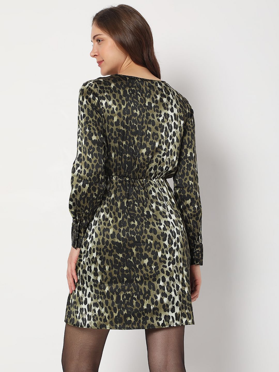 Green Animal Print Wrap Dress