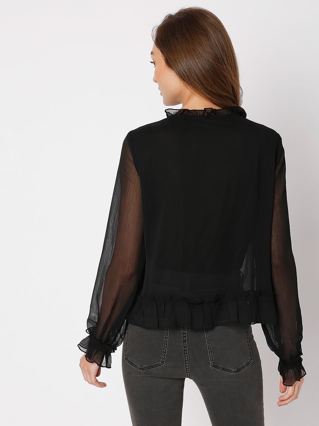 Black Ruffle Sheer Top
