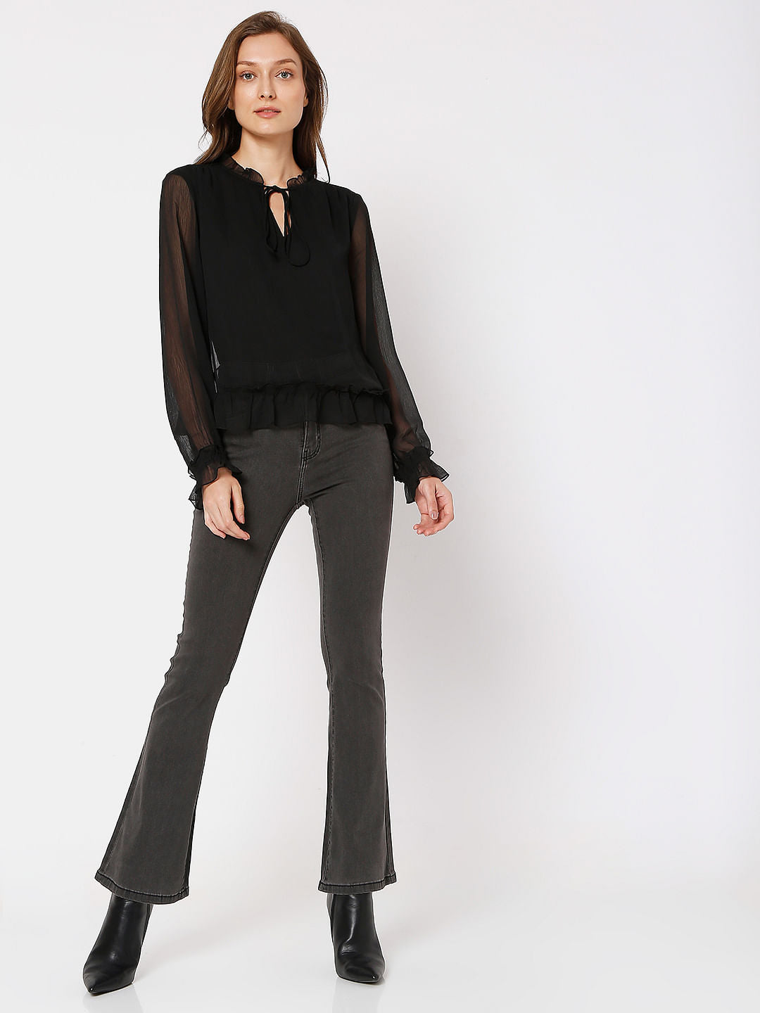 Black Ruffle Sheer Top