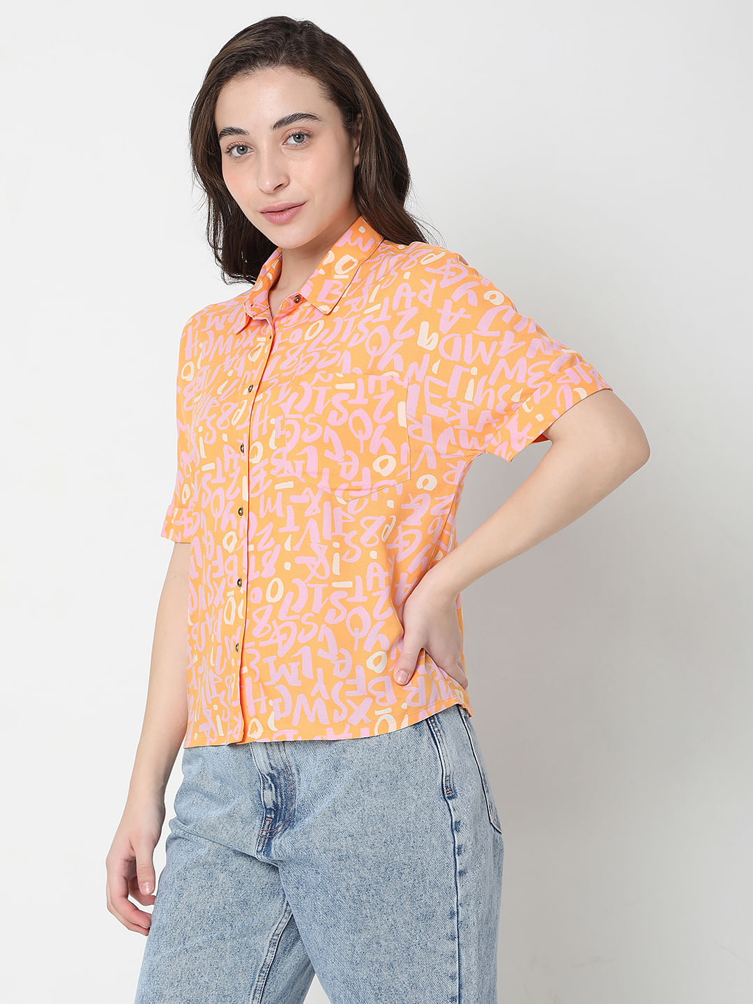 Orange Typographic Print Shirt