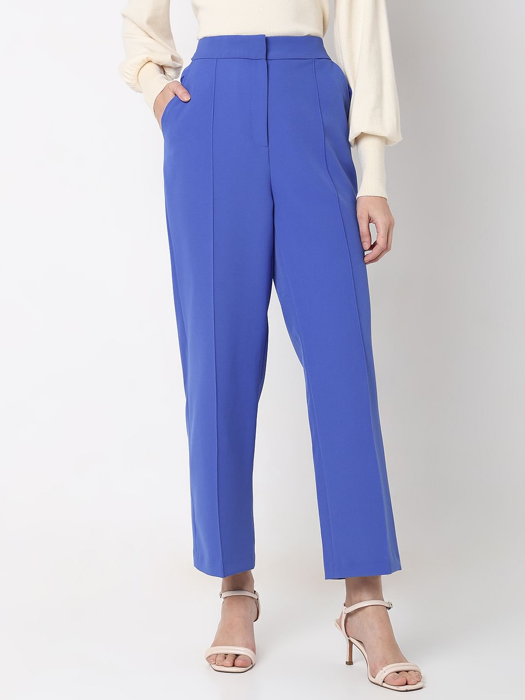 Blue High Rise Straight Fit Pants