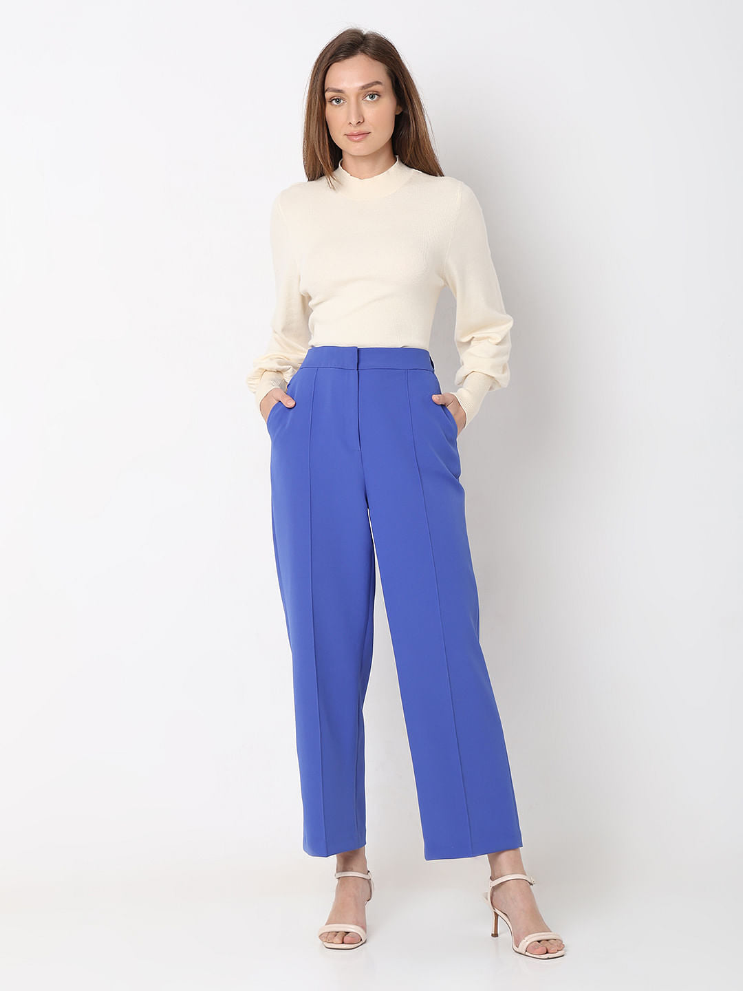 Blue High Rise Straight Fit Pants