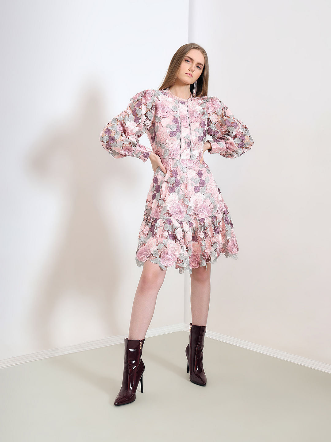 Marquee Pink Floral Lace Fit & Flare Dress