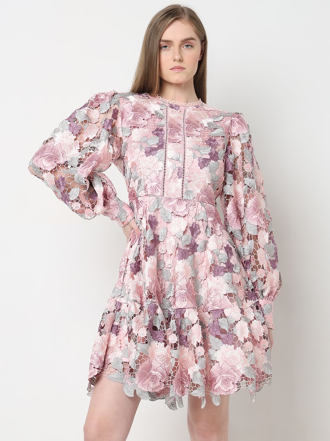 Marquee Pink Floral Lace Fit & Flare Dress