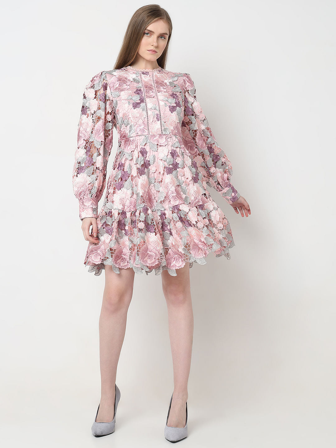 Marquee Pink Floral Lace Fit & Flare Dress