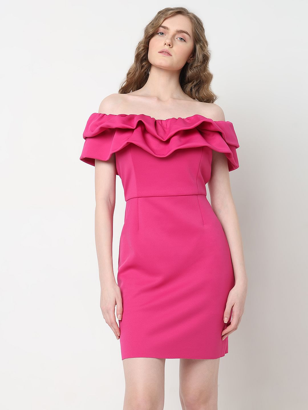 Marquee Hot Pink Bodycon Off-Shoulder Dress
