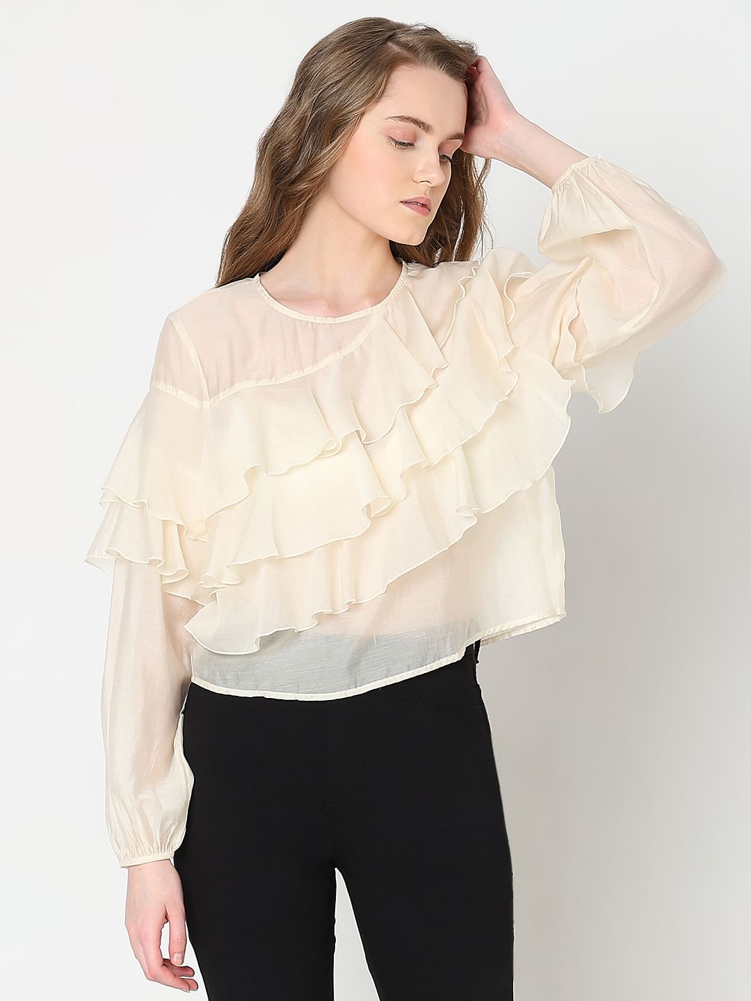Cream Ruffle Semi Sheer Top