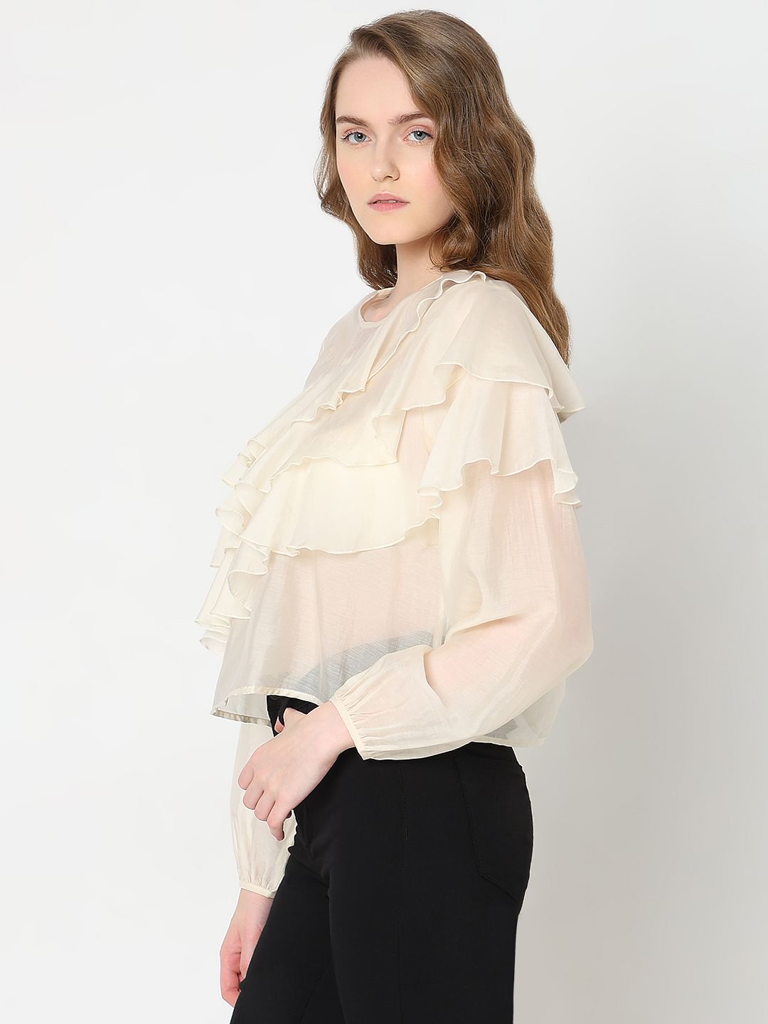 Cream Ruffle Semi Sheer Top