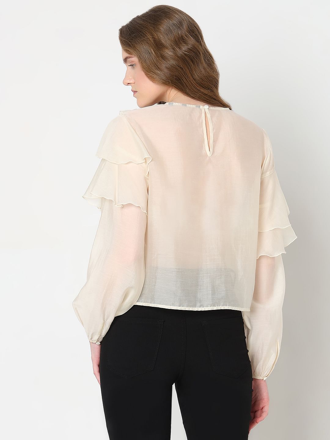 Cream Ruffle Semi Sheer Top