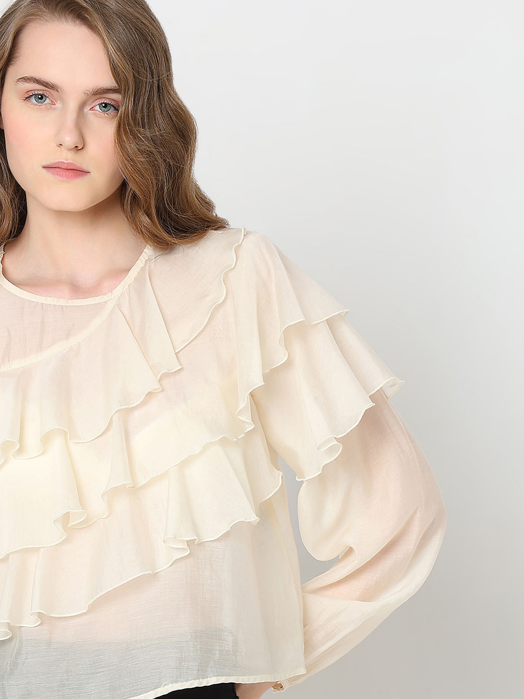 Cream Ruffle Semi Sheer Top