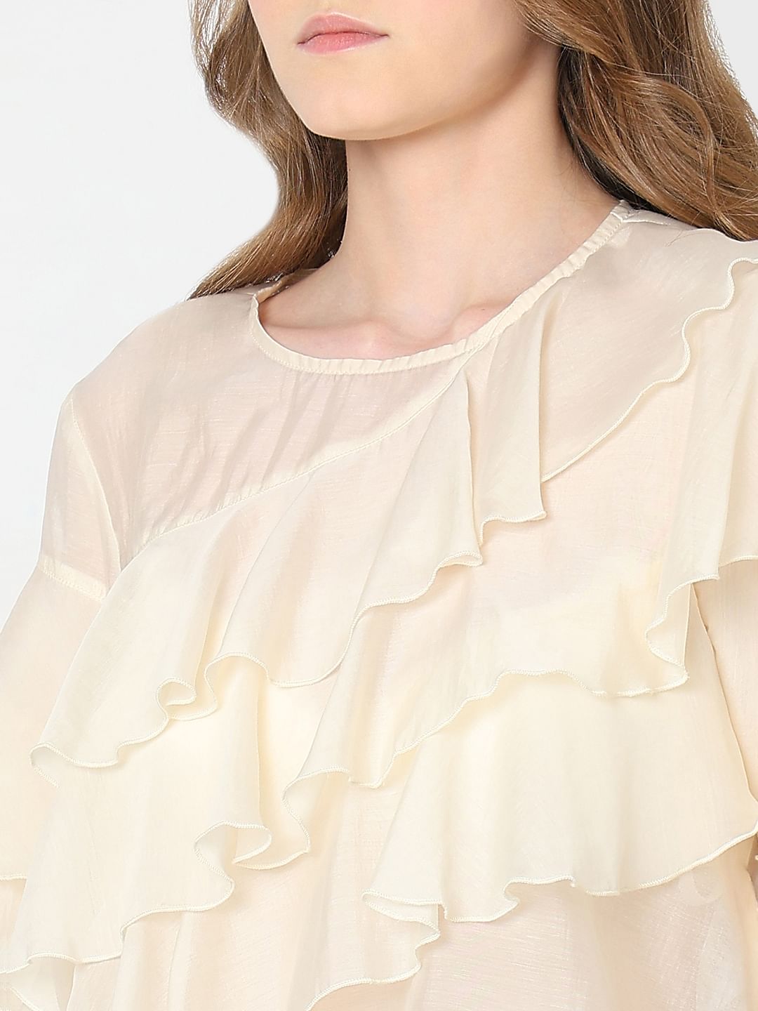 Cream Ruffle Semi Sheer Top