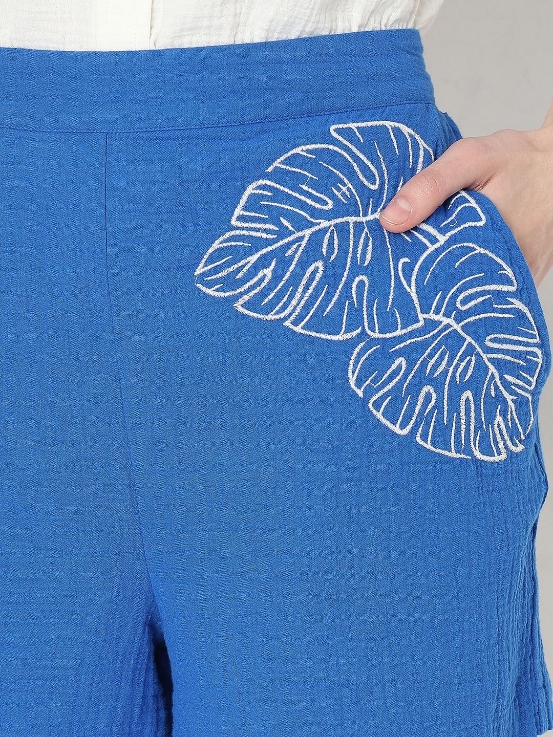 Blue Embroidered Co-Ord Set Shorts
