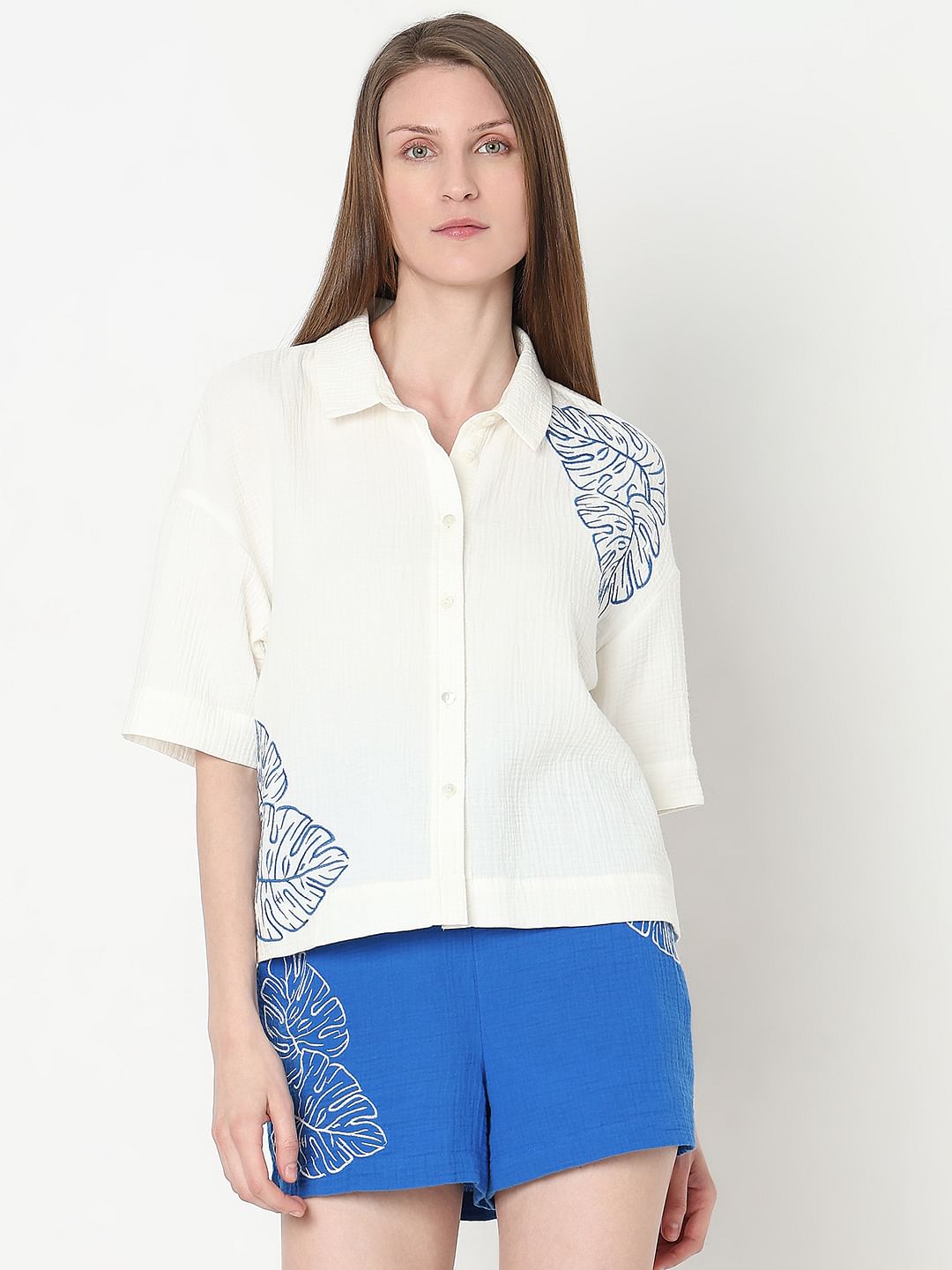 White Embroidered Co-Ord Set Shirt