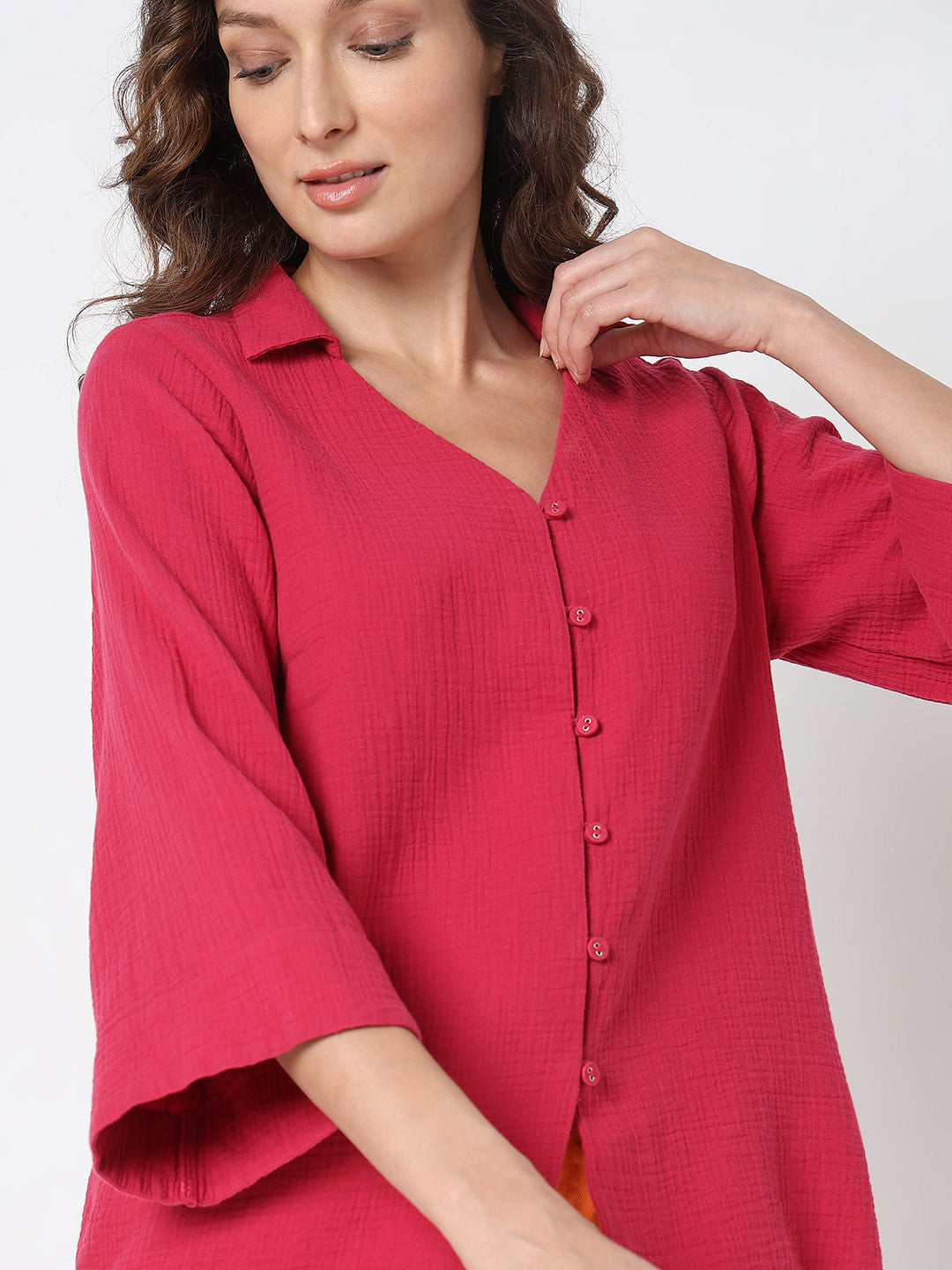 Dark Pink Flared Sleeves Shirt