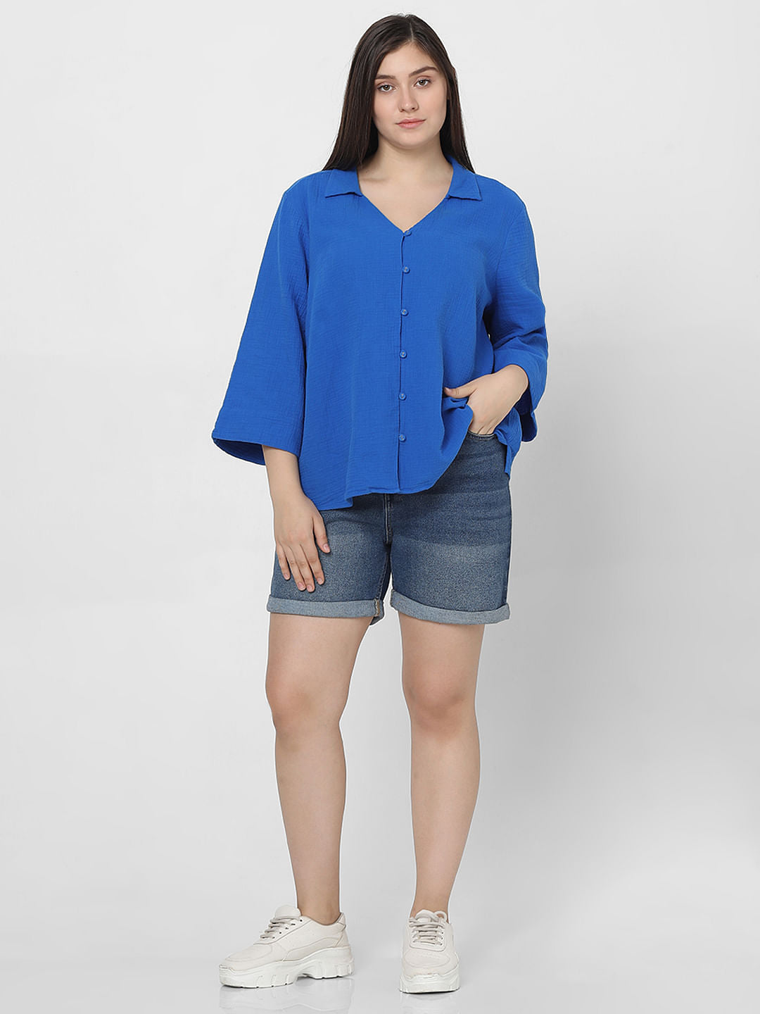 Curve Blue Textured Shirt
