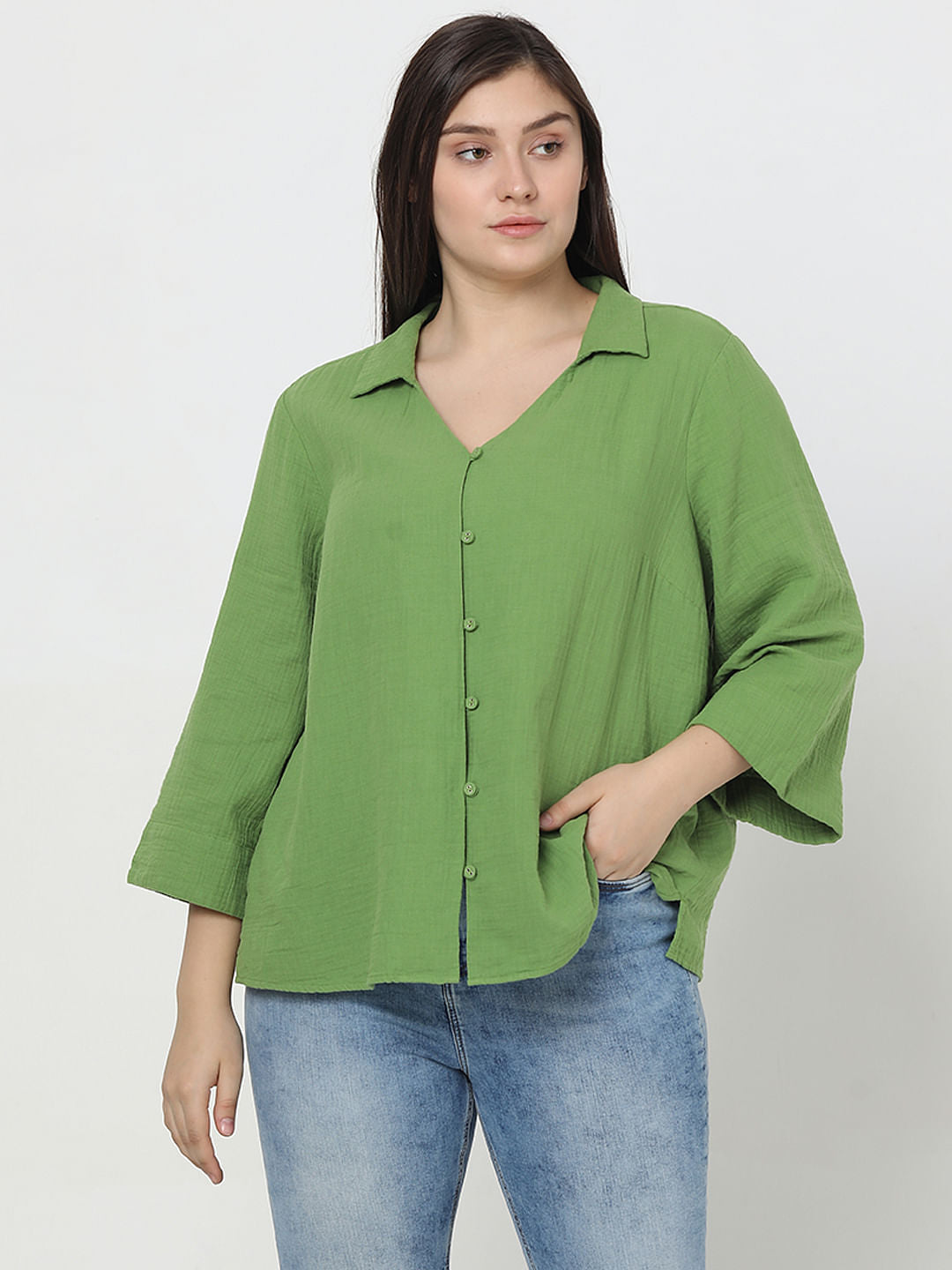 Curve Green Textured Cotton Shirt