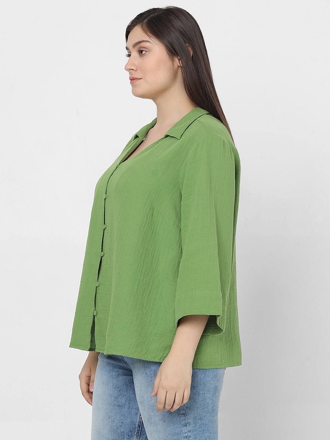 Curve Green Textured Cotton Shirt