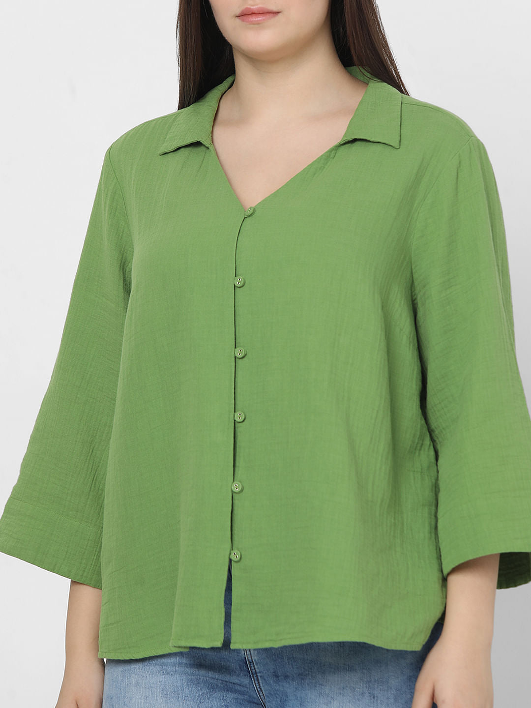 Curve Green Textured Cotton Shirt