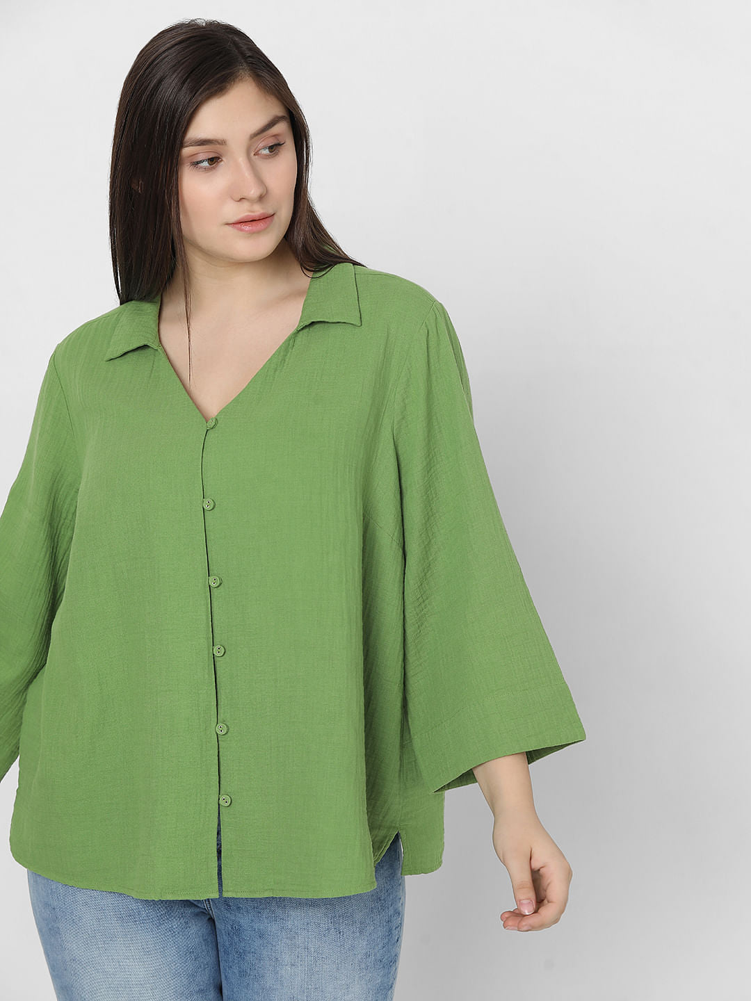 Curve Green Textured Cotton Shirt