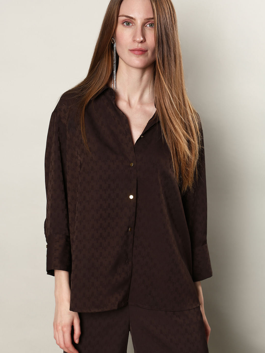 Brown Printed Jacquard Co-Ord Set Shirt