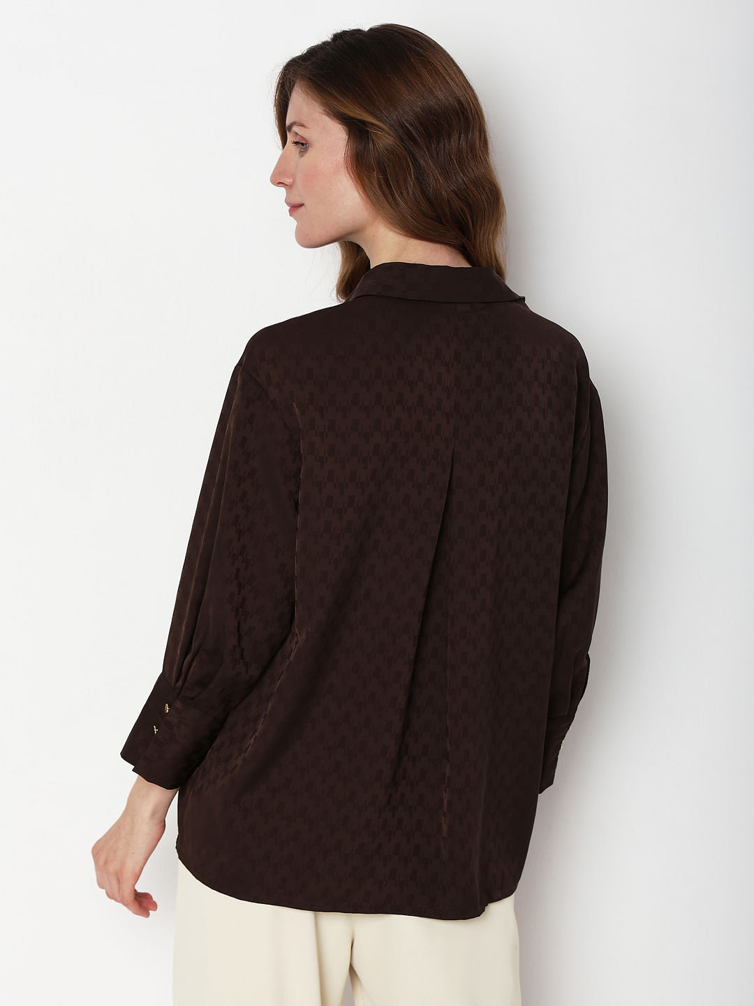 Brown Printed Jacquard Co-Ord Set Shirt