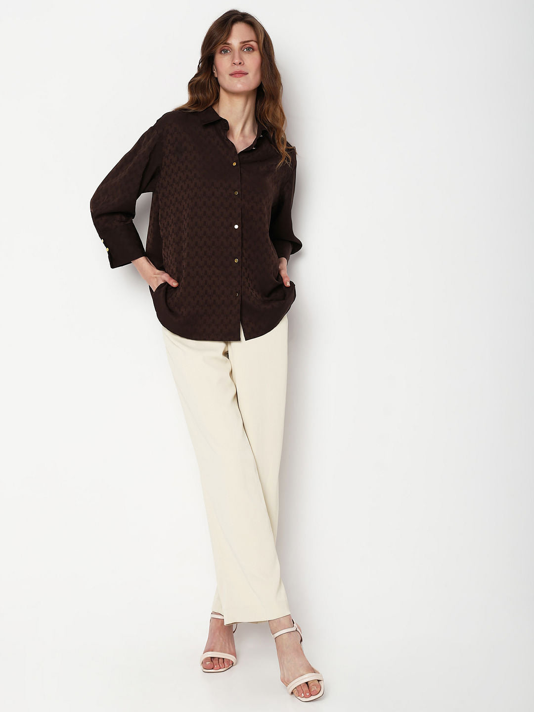 Brown Printed Jacquard Co-Ord Set Shirt