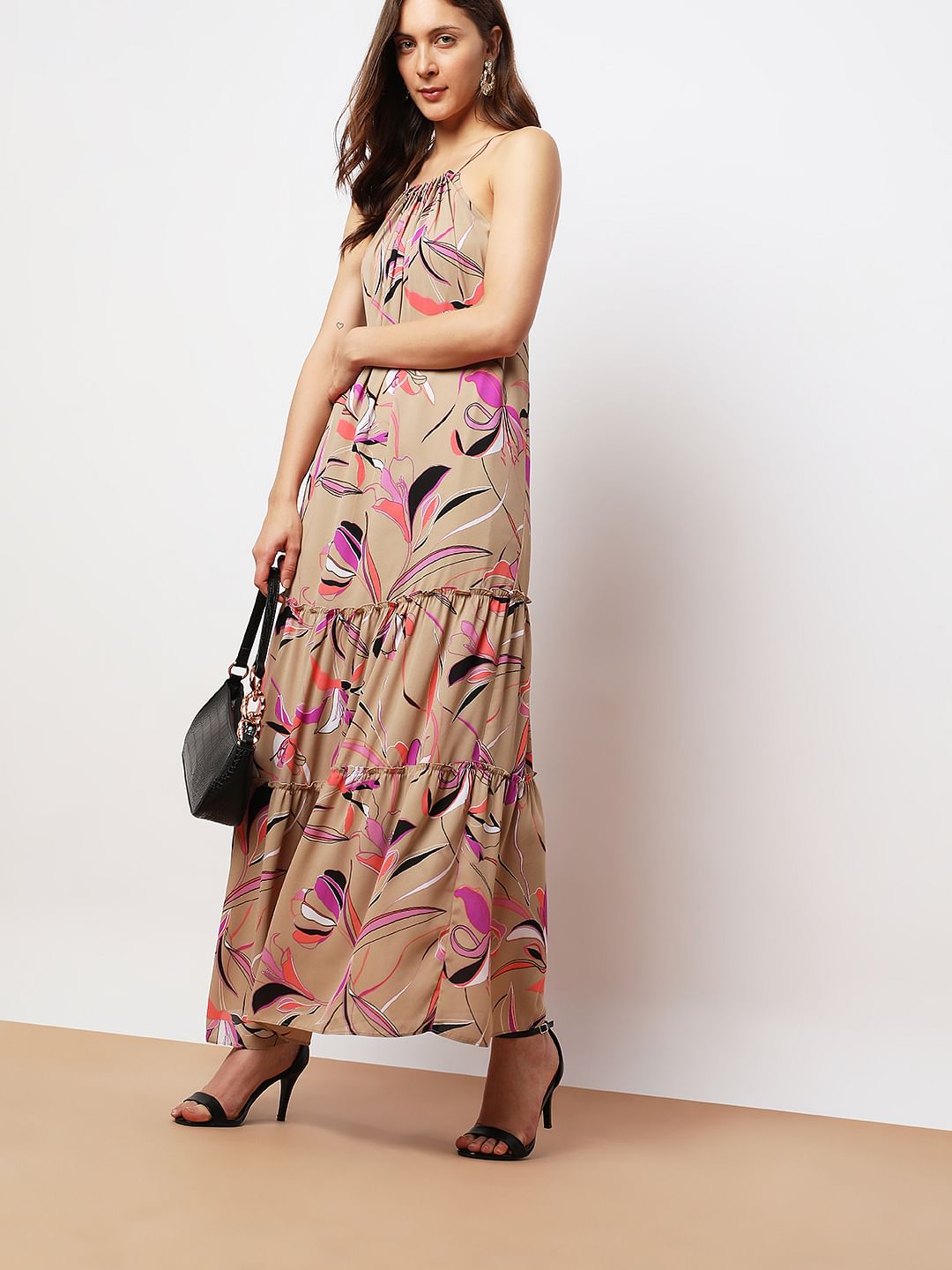 Beige Printed Halter Neck Maxi Dress