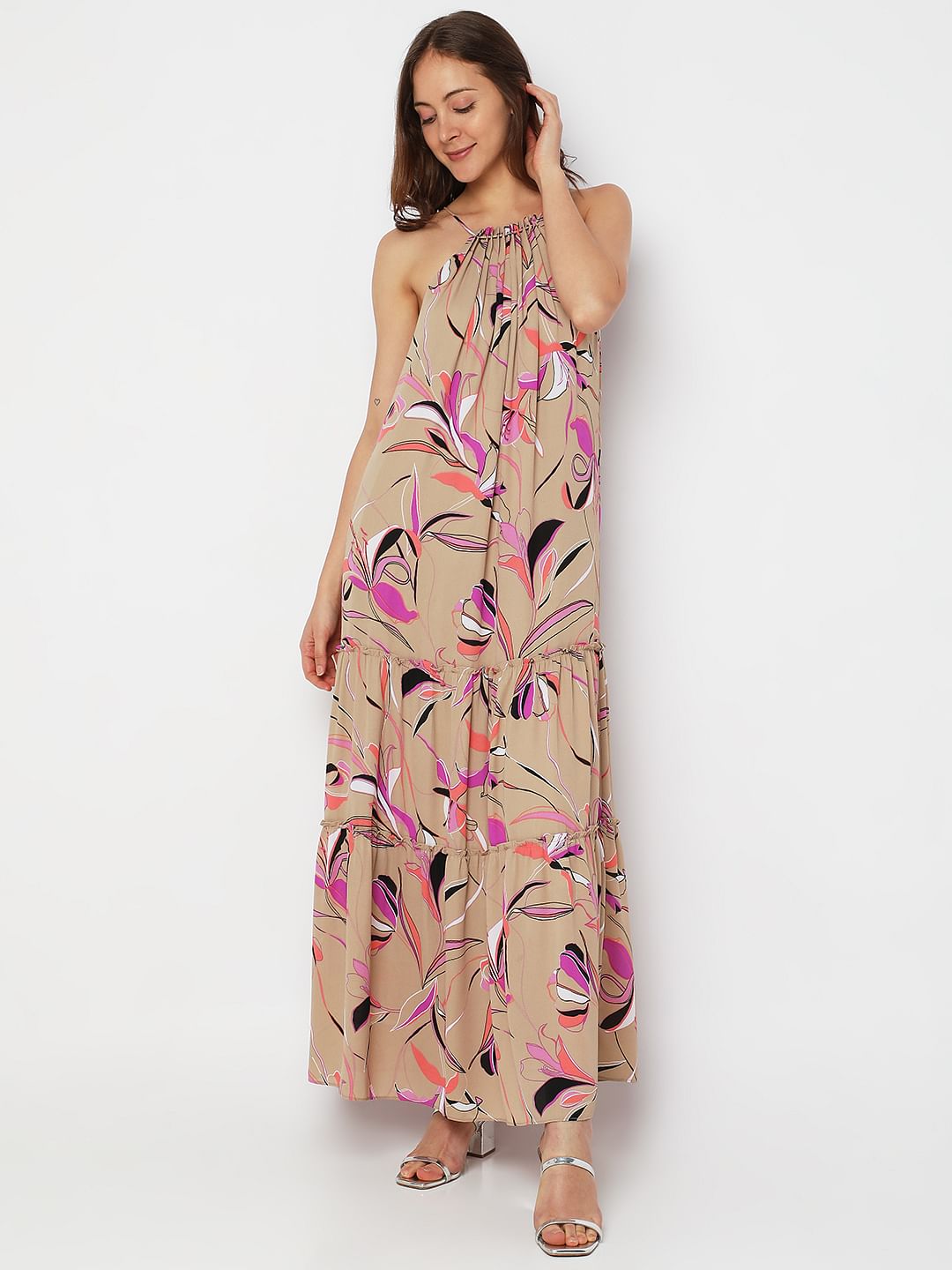 Beige Printed Halter Neck Maxi Dress