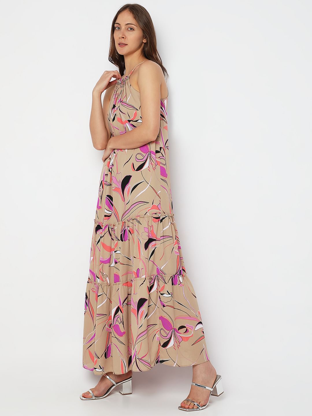 Beige Printed Halter Neck Maxi Dress