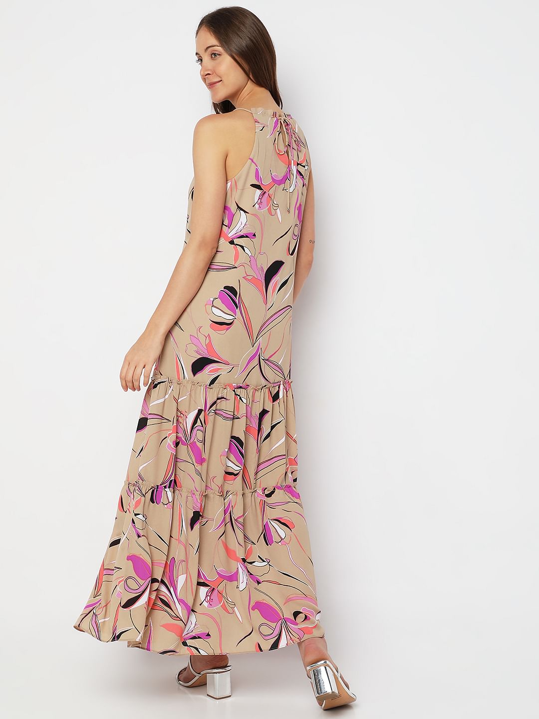 Beige Printed Halter Neck Maxi Dress