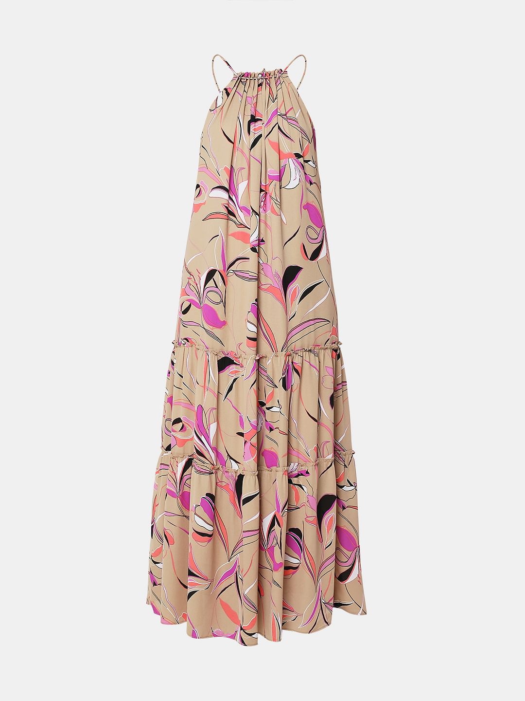 Beige Printed Halter Neck Maxi Dress