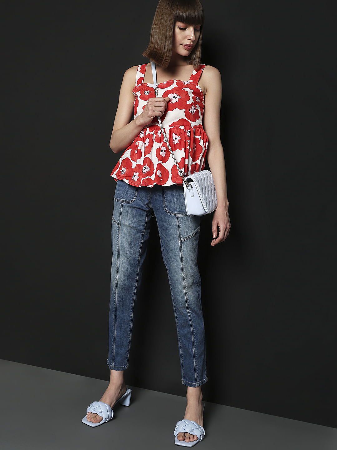 Red Floral Flared Top