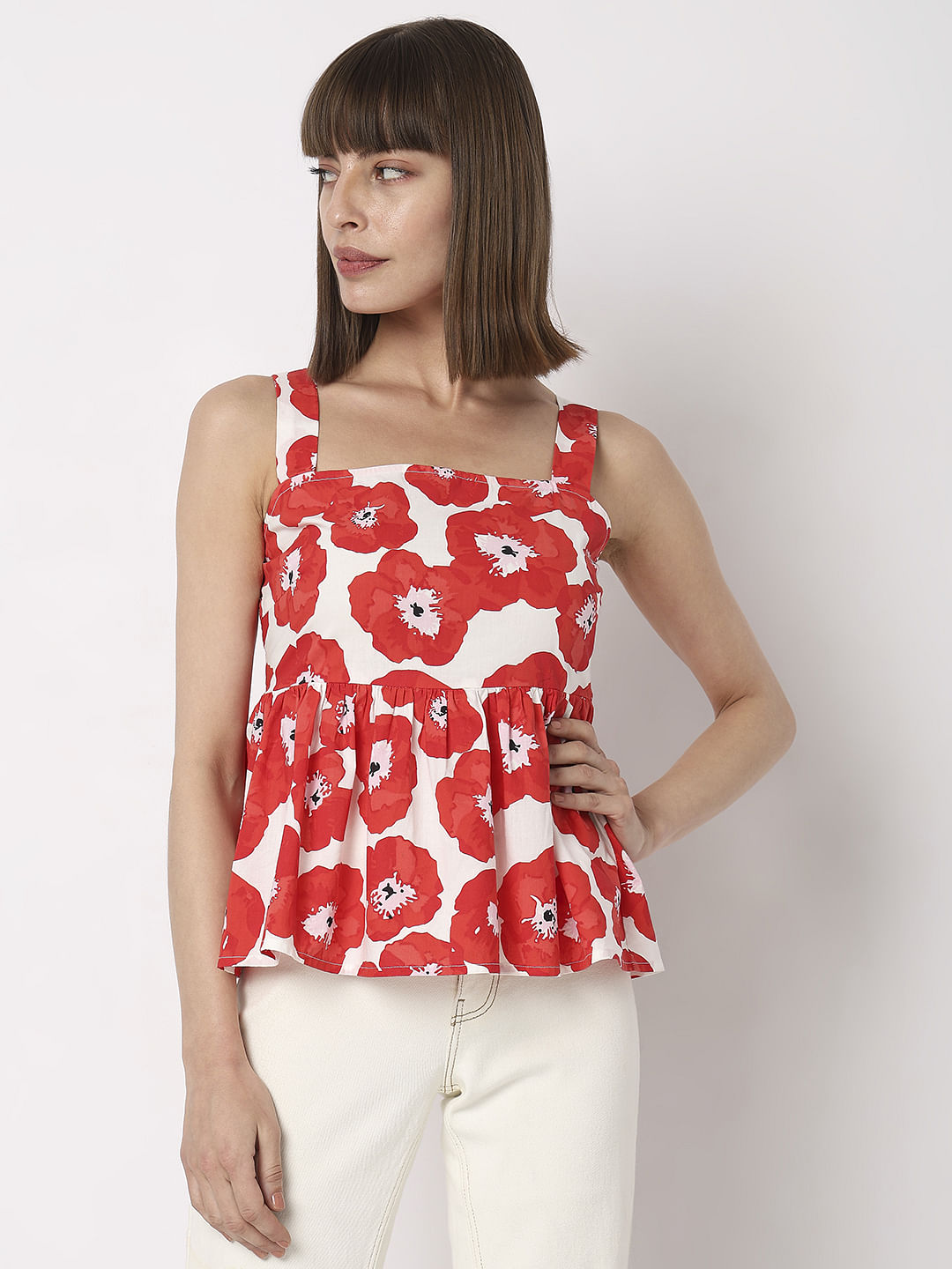 Red Floral Flared Top