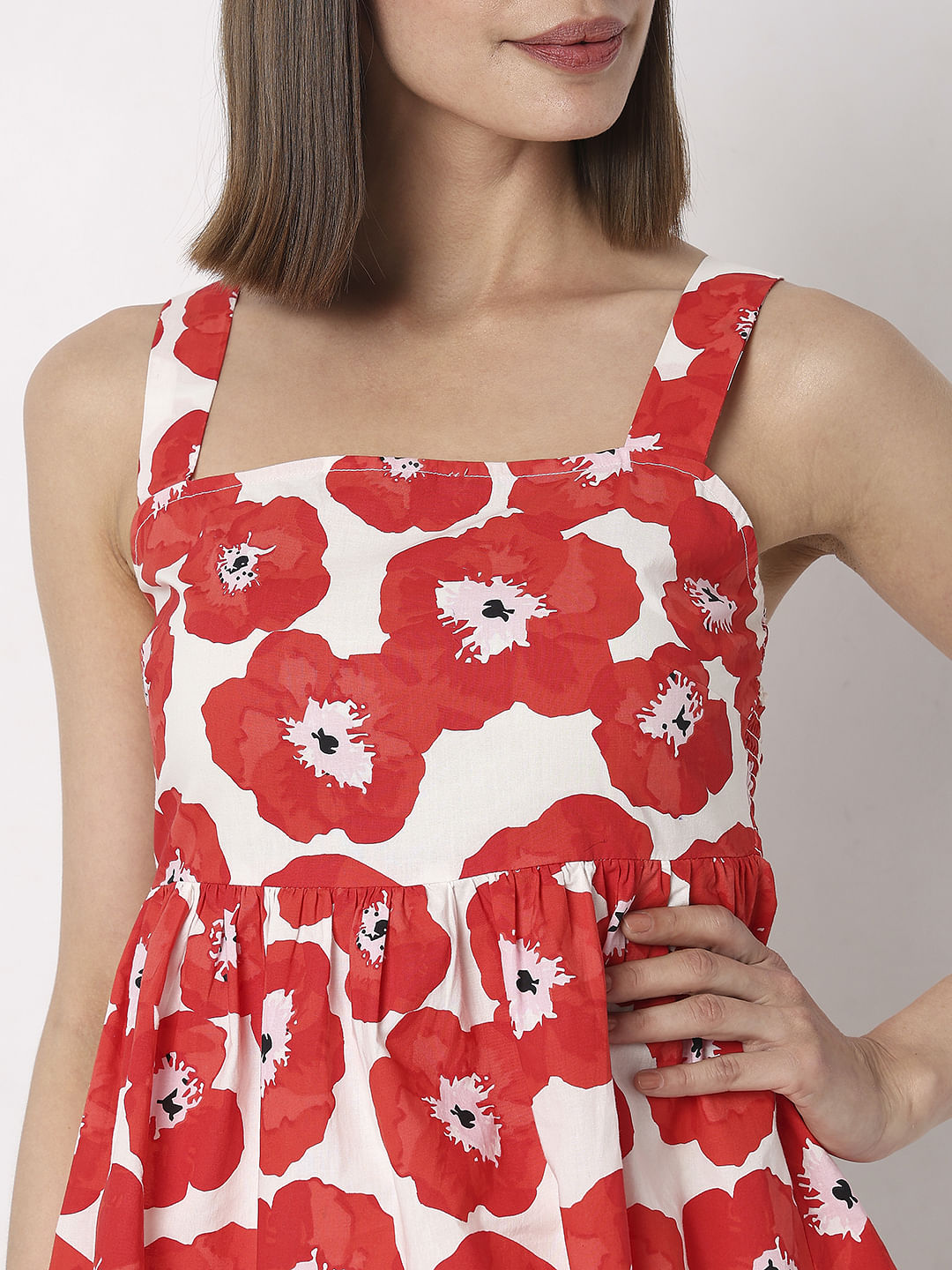Red Floral Flared Top