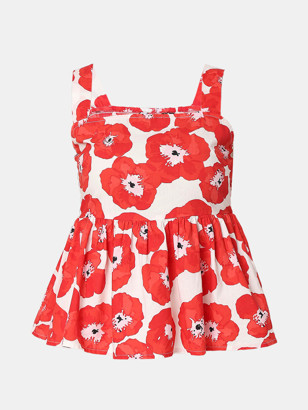 Red Floral Flared Top