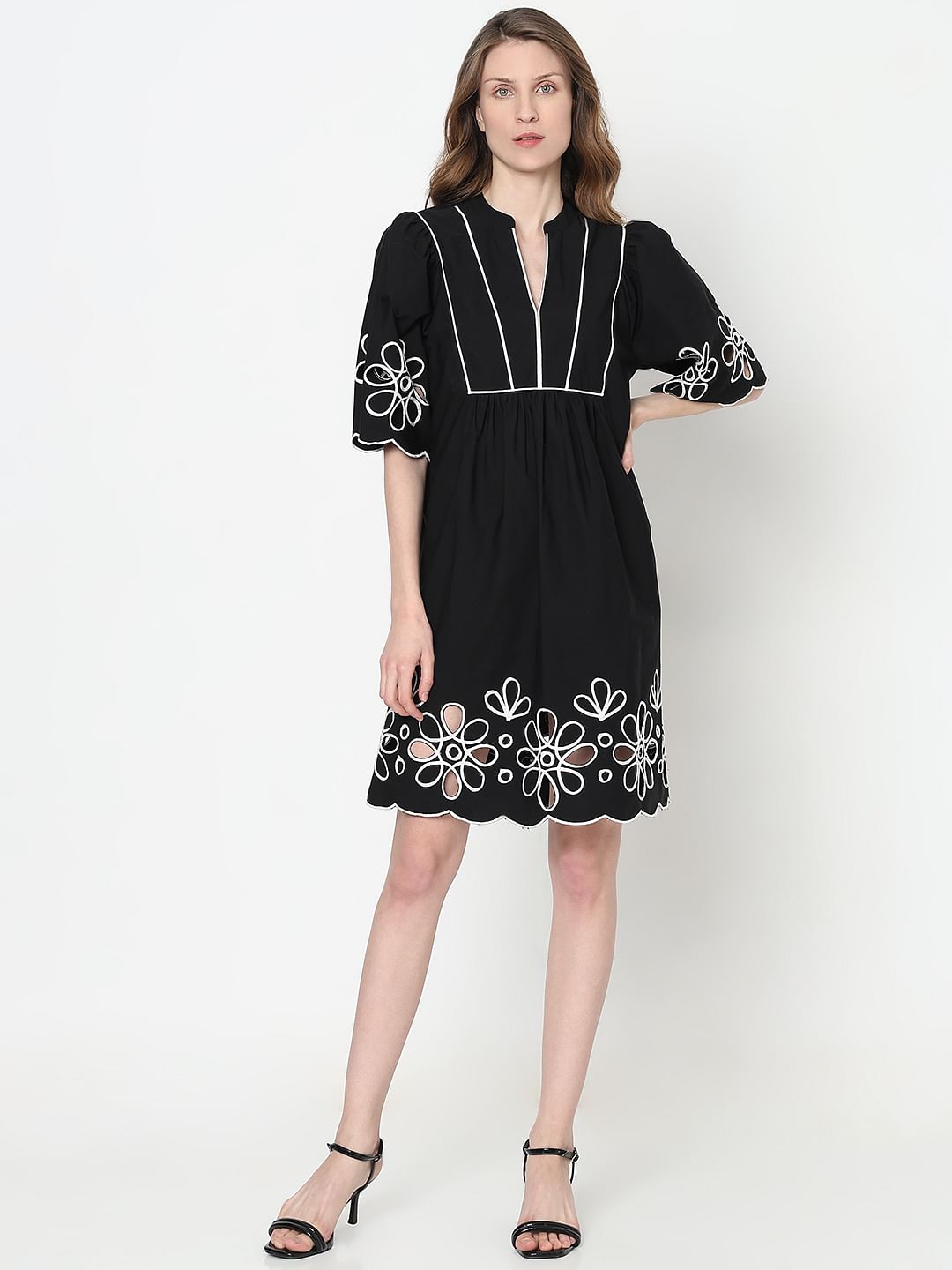 Black Floral Embroidered Shift Dress