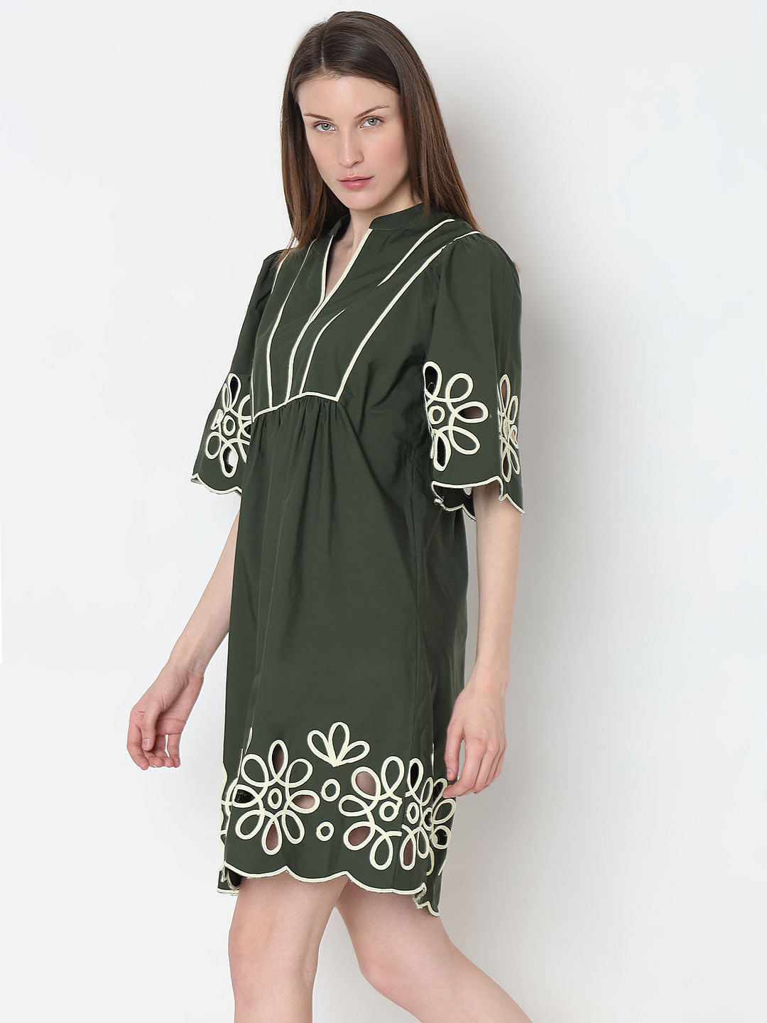 Green Contrast Piping Dress