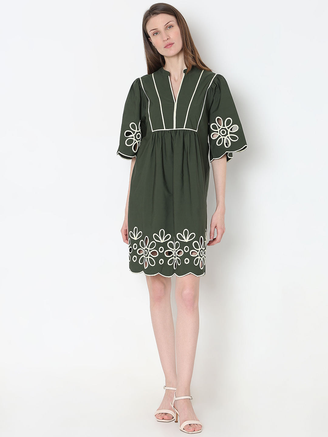 Green Contrast Piping Dress
