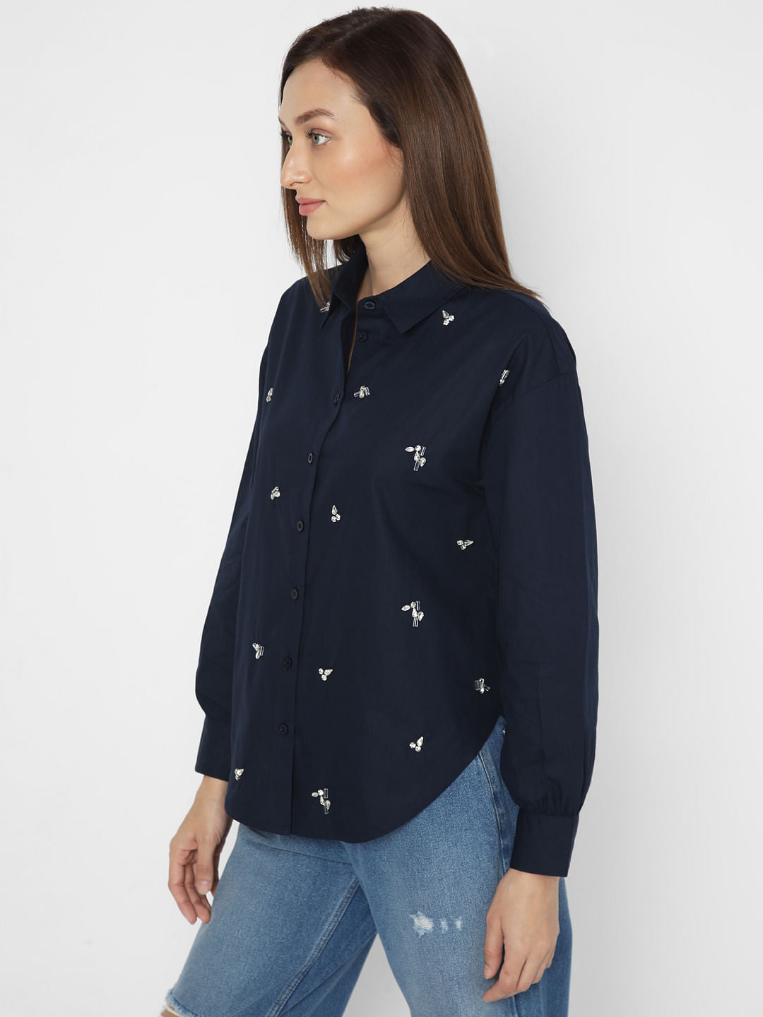 Navy Blue Embellished Cotton Shirt