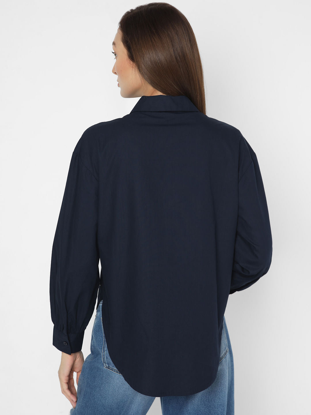 Navy Blue Embellished Cotton Shirt