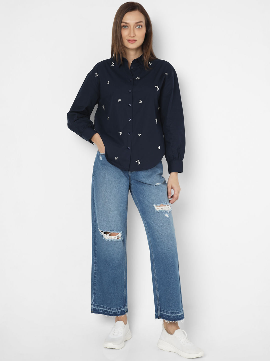Navy Blue Embellished Cotton Shirt