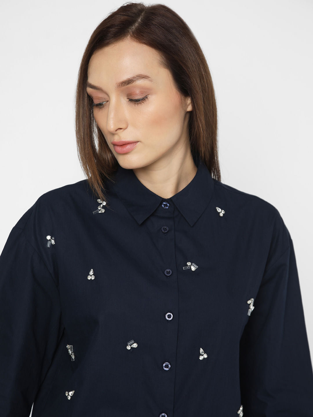 Navy Blue Embellished Cotton Shirt