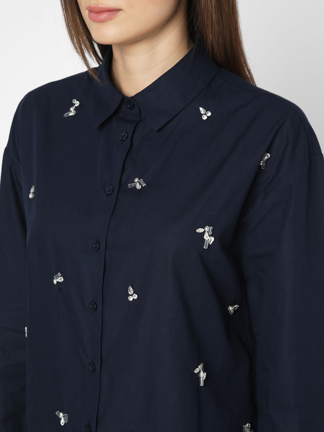 Navy Blue Embellished Cotton Shirt