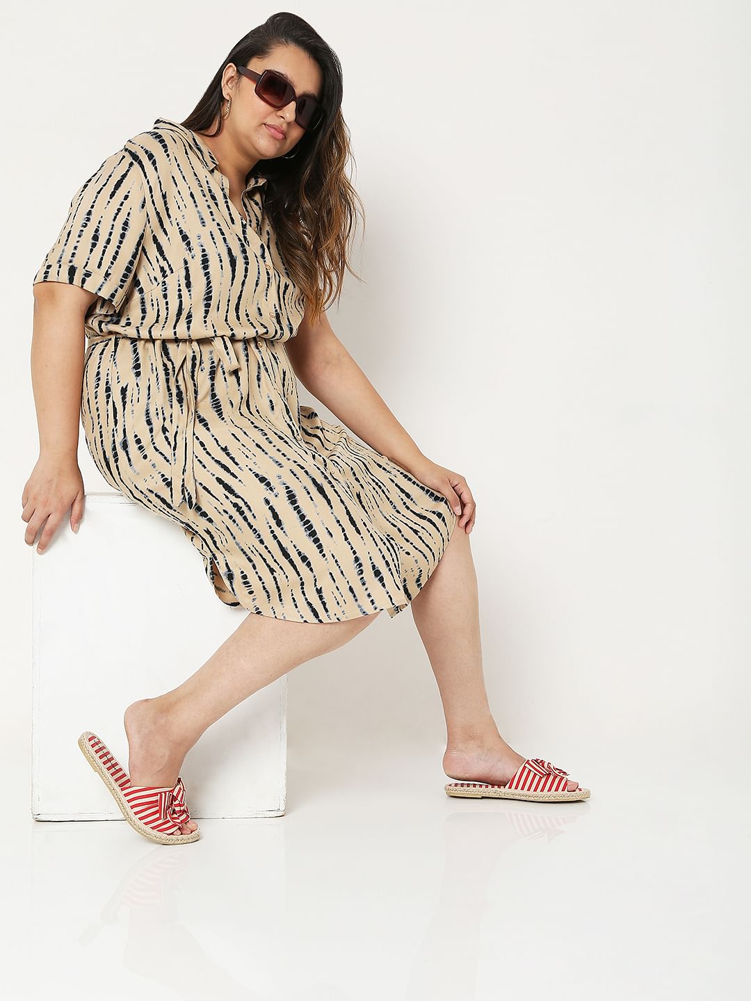 Curve Beige Tie Dye Shirt Dress