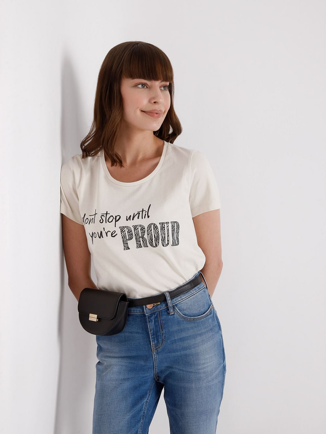 Beige Slogan Print T-Shirt