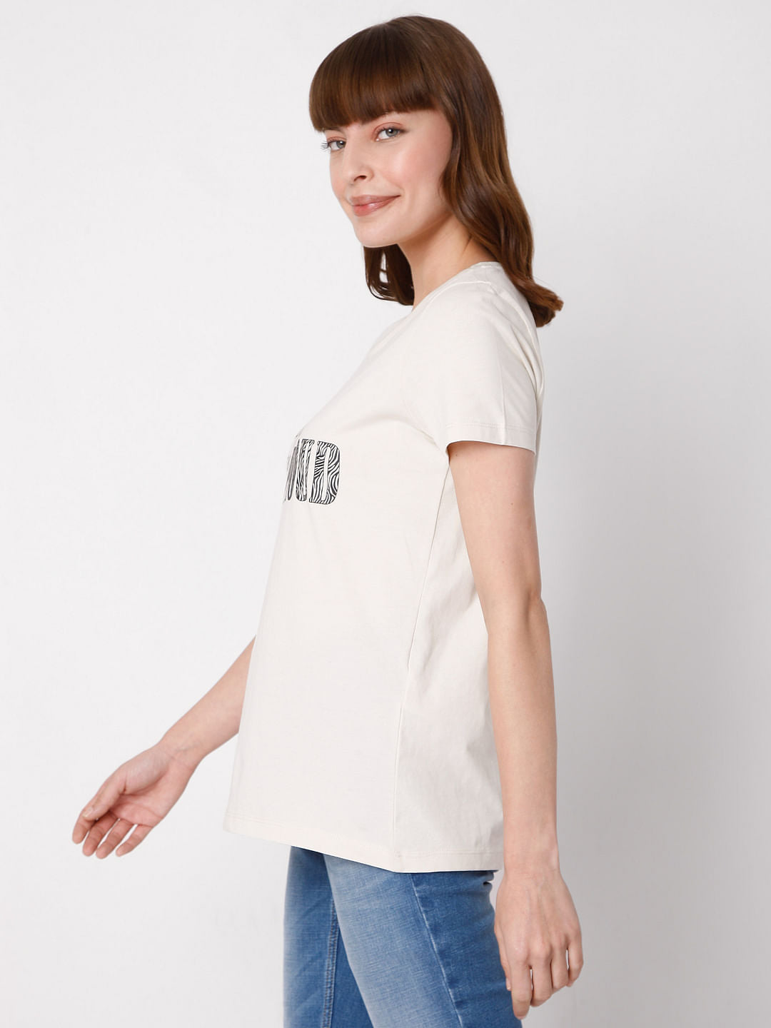 Beige Slogan Print T-Shirt