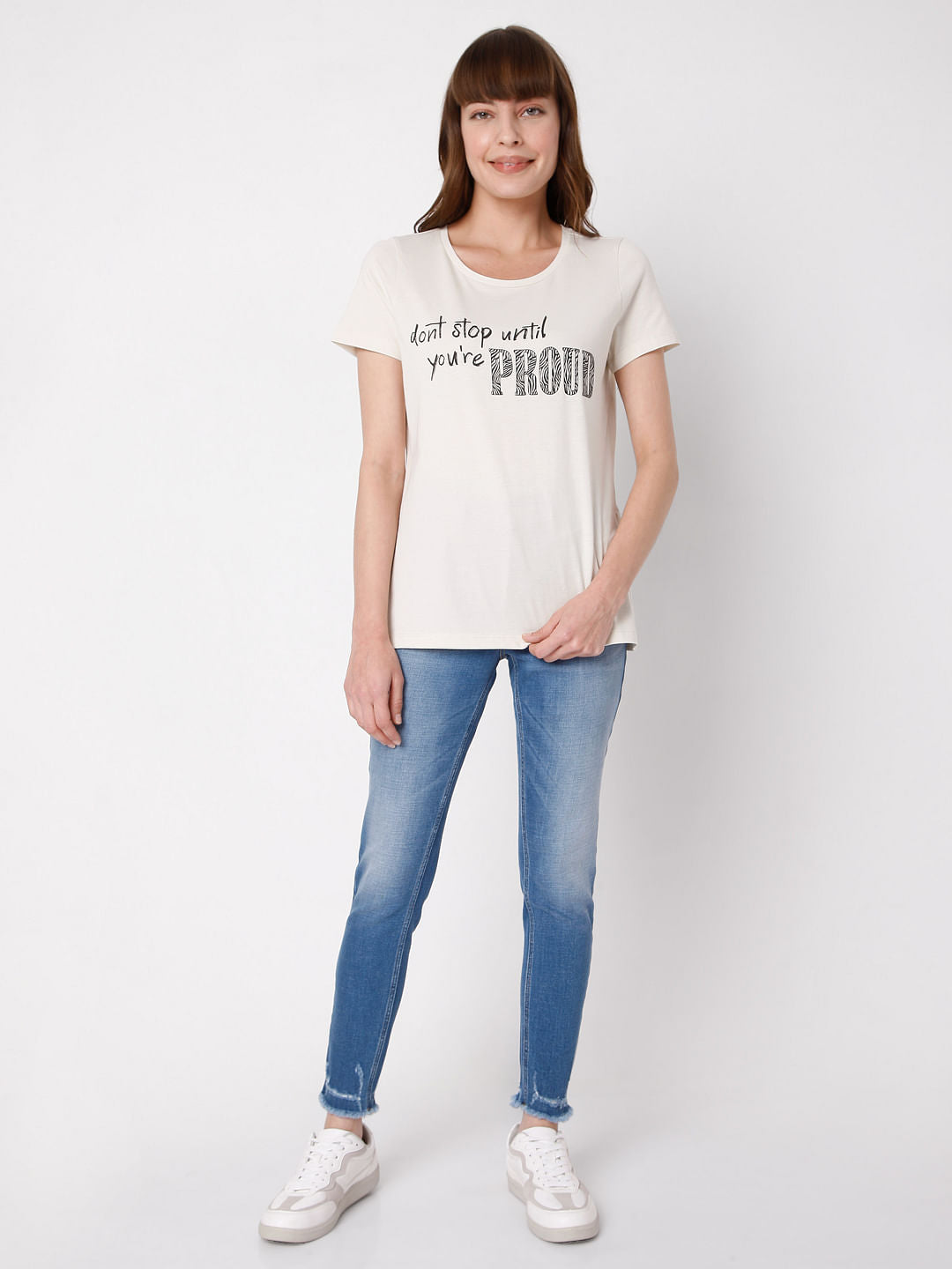Beige Slogan Print T-Shirt