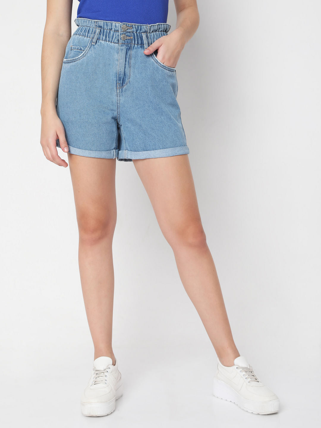 Blue High Rise Denim Shorts