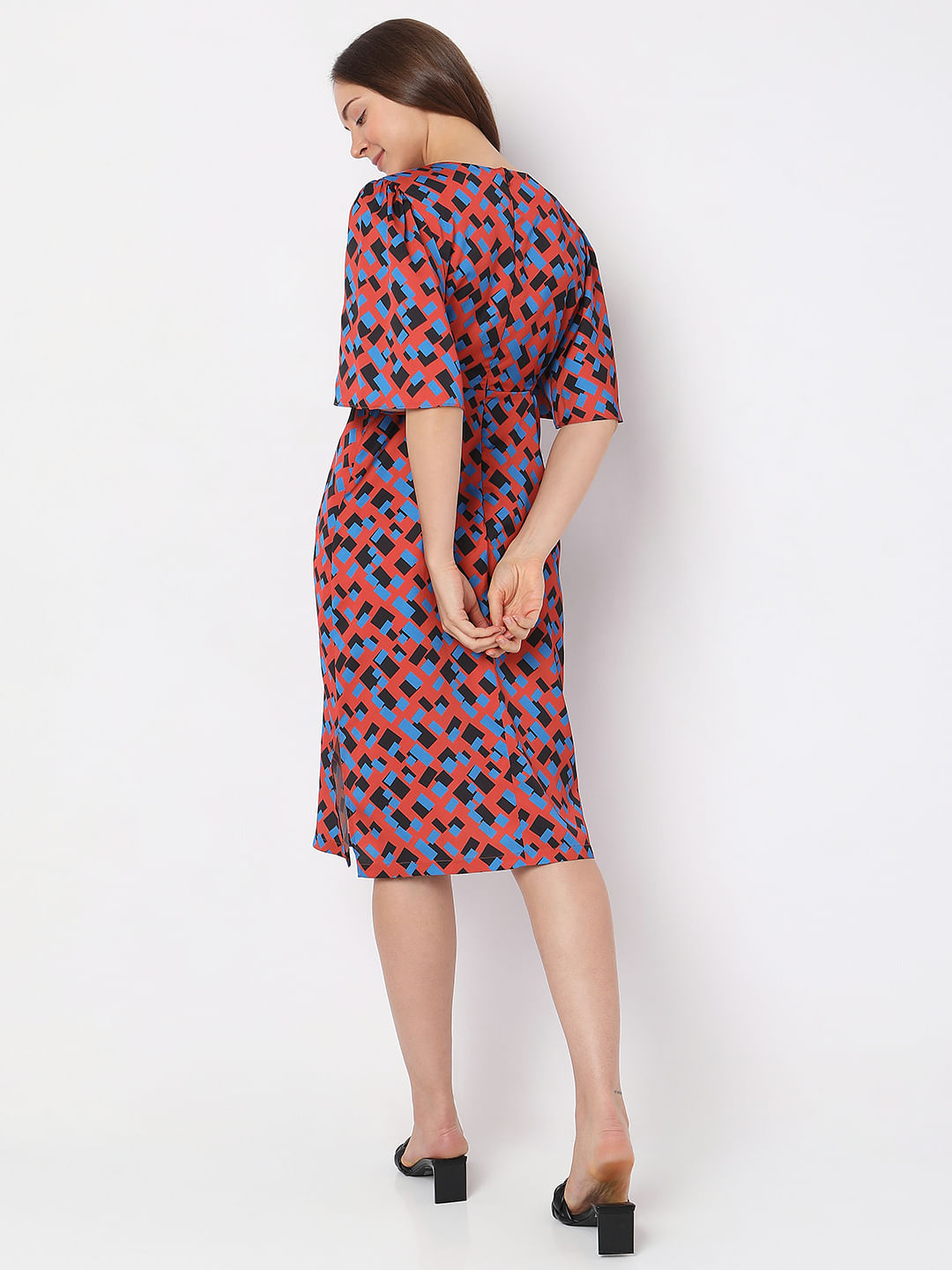 Brown Printed Cut-Out Midi Dress